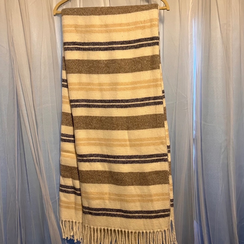 New Têxties Penedo Throw Blanket Jacquard‎ Stripe Fringe Made in Portugal